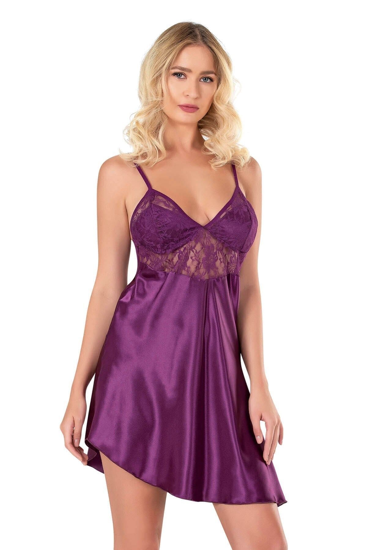 Saten Doku Mor Kısa Gecelik Ahu 8100 - Mor